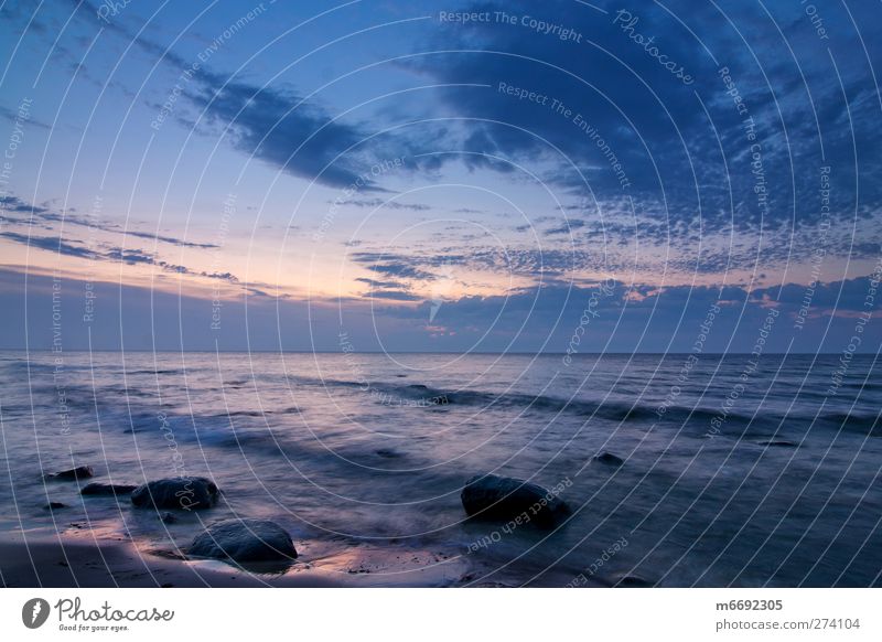 Baltic Sea beach near Bakenberg Nature Water Sky Clouds Summer Beautiful weather Waves Coast Ocean Stone Blue Yellow Calm Vacation & Travel Colour photo