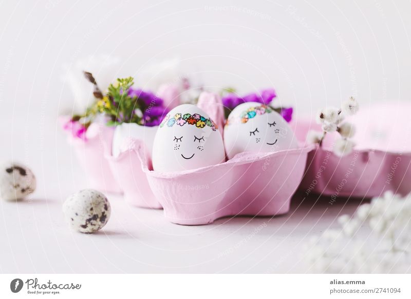 OSTERkuschelEI in pink - sweet Easter eggs in pink egg box Egg Blue Face Beautiful Painted Easter egg nest Copy Space Easter wish Easter gift Card Spring Flower