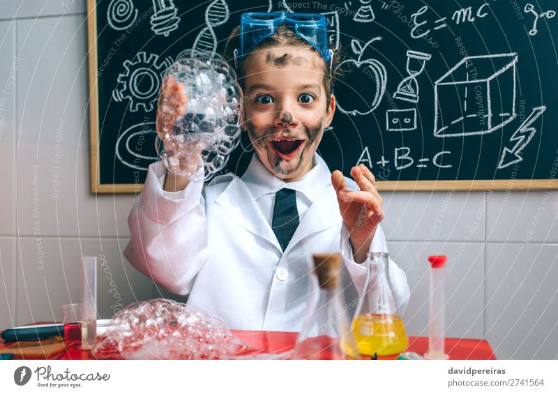 Boy dressed as chemist with dirty face after doing an experiment Happy Playing Science & Research Child School Blackboard Laboratory Human being Boy (child) Man