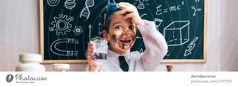 Happy little boy playing with soap experiments Face Playing Table Science & Research Child School Classroom Blackboard Laboratory Internet Human being