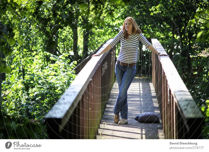 Waiting for summer Human being Feminine Young woman Youth (Young adults) Life 1 18 - 30 years Adults Landscape Summer Tree Park Brown Green Wooden bridge Stand