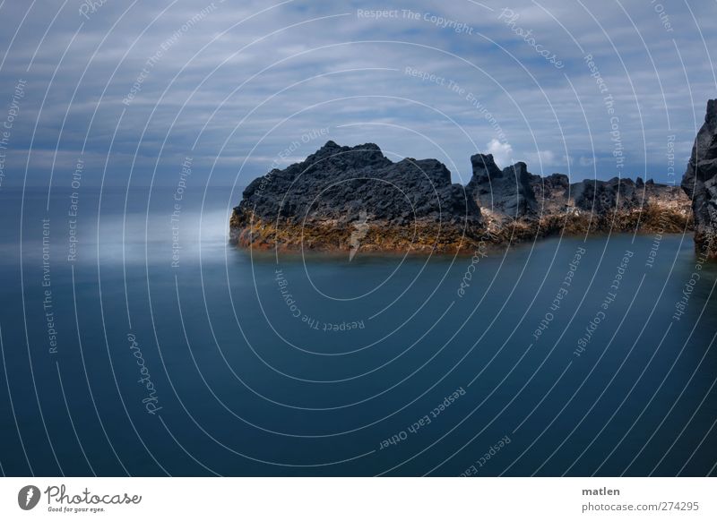 shore Landscape Sky Clouds Horizon Bad weather Rock Waves Coast Bay Fjord Ocean Island Blue Brown Power Movement Surf Subdued colour Exterior shot