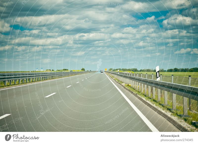on the road again Sky Clouds Summer Beautiful weather Traffic infrastructure Passenger traffic Motoring Highway Car Driving Far-off places Loneliness Speed