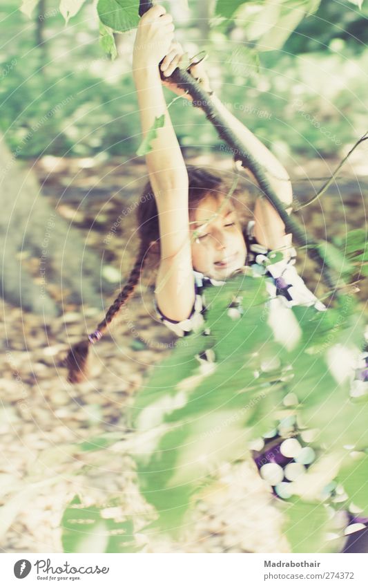 Childhood in motion Feminine Girl Infancy 1 Human being 8 - 13 years Nature Tree Leaf Branch Twig Park Brunette Long-haired Braids To hold on Hang Playing Free
