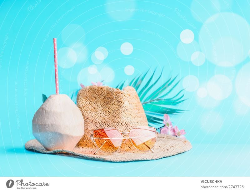 Coconut drink with sunglasses and straw hat Style Design Vacation & Travel Summer Beach Accessory Sunglasses Hat Hip & trendy Background picture Summer vacation