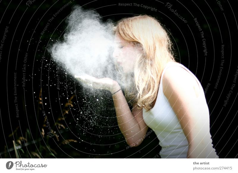 flour cloud Human being Feminine Young woman Youth (Young adults) 1 Flour Smoke Breathe Observe Exceptional Blonde White Curiosity Elegant Idea Art Fantasy