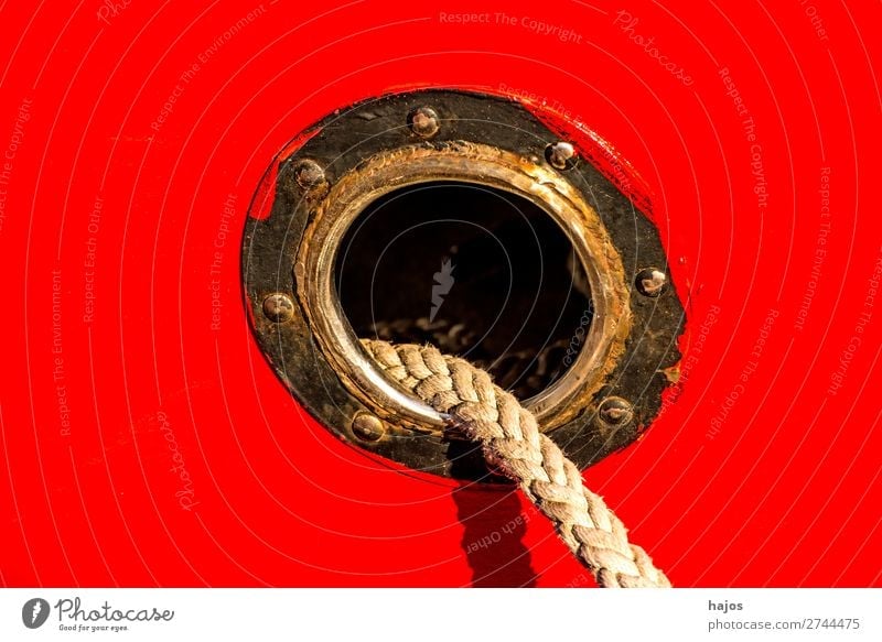 porthole with mooring lines Design Navigation Fishing boat Maritime Red Porthole mooring rope ship's side fishing cutter Dew hemp rope tucked anchored colourful