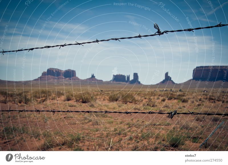 reserve Cloudless sky Beautiful weather Bushes Rock Desert Far-off places Thorny Blue Brown Loneliness Horizon Bans Monument Valley Barbed wire fence