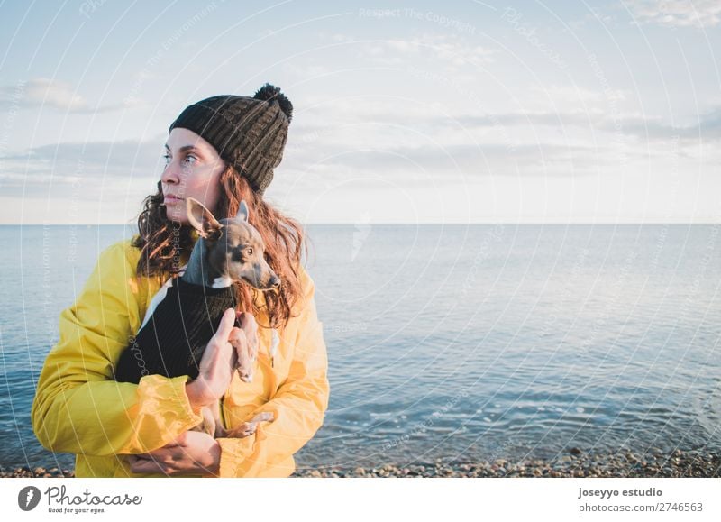 Woman with her little dog on the beach Lifestyle Relaxation Trip Freedom Sun Beach Winter Friendship 30 - 45 years Adults Nature Animal Horizon Coast Jacket