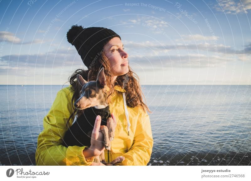 Woman with her little dog on the beach Lifestyle Relaxation Trip Freedom Sun Beach Winter 30 - 45 years Adults Nature Animal Horizon Coast Jacket Coat Hat Pet