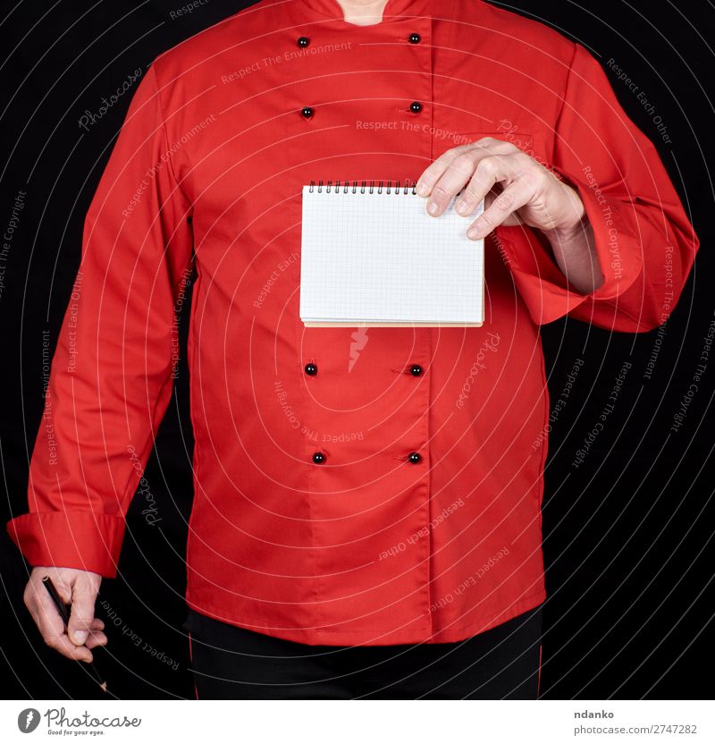 chef in red uniform holding a blank notebook Kitchen Restaurant Work and employment Profession Cook Human being Man Adults Hand Clothing Shirt Suit Jacket Paper