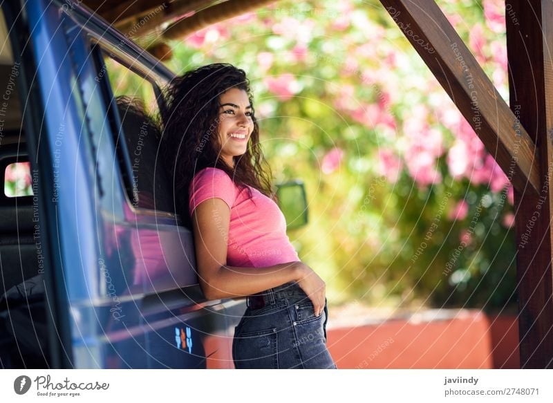 Young woman in a camper van with pink flowers Lifestyle Style Joy Happy Beautiful Hair and hairstyles Leisure and hobbies Vacation & Travel Trip Camping Summer