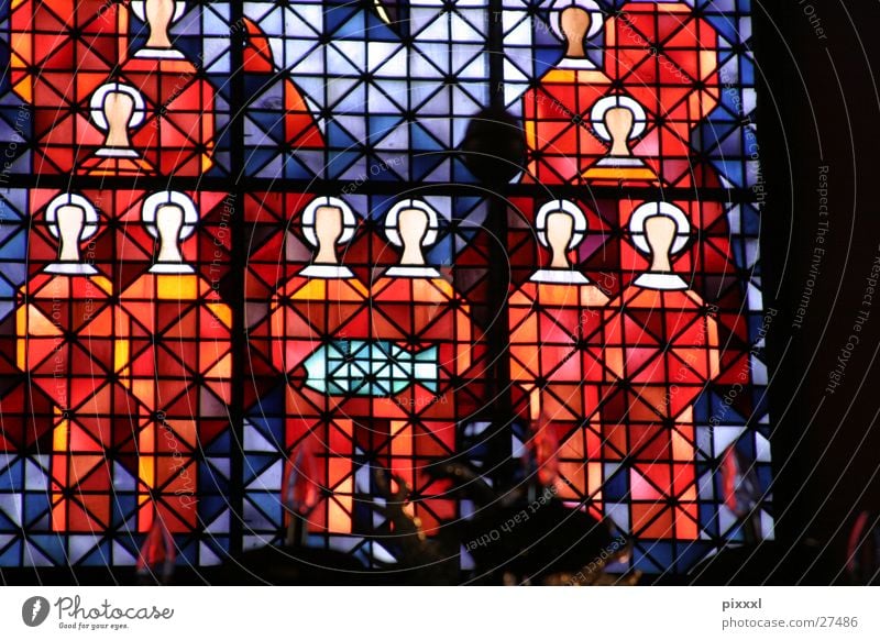 Heads in the church window Church window Red Religion and faith Painting and drawing (object) Abstract Background picture Window Light Historic Holy Blue