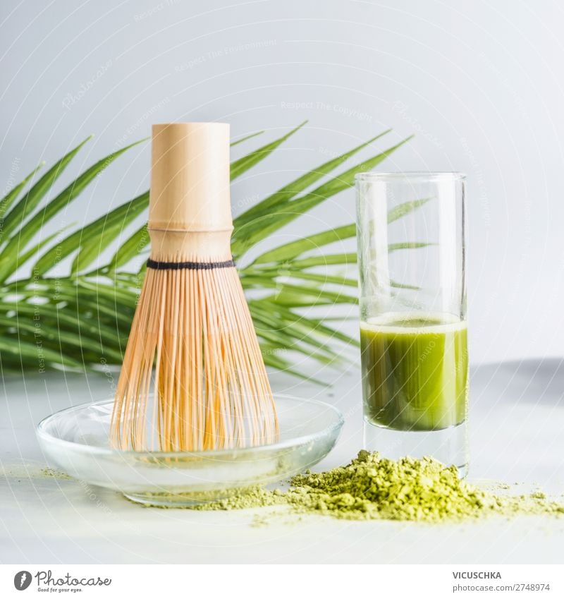 Matcha Espresso in Glass with Matcha Broom and Match Powder Food Organic produce Vegetarian diet Diet Asian Food Beverage Cold drink Hot drink Tea Style Design