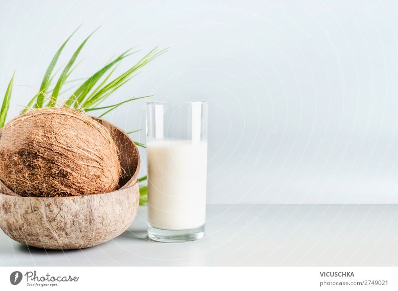 Coconut milk in glass with whole coconut Food Nutrition Organic produce Vegetarian diet Diet Beverage Milk Shopping Healthy Healthy Eating Design