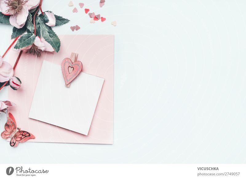 Empty greeting card with pastel pink heart and flowers Style Design Joy Decoration Feasts & Celebrations Valentine's Day Mother's Day Wedding Birthday