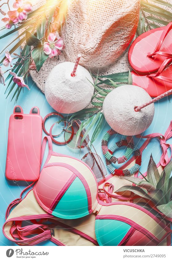 Beach Accessories with Smartphone and Coconut Longdrink Cocktail Lifestyle Design Vacation & Travel Summer Summer vacation Sun Sunbathing Party PDA Feminine