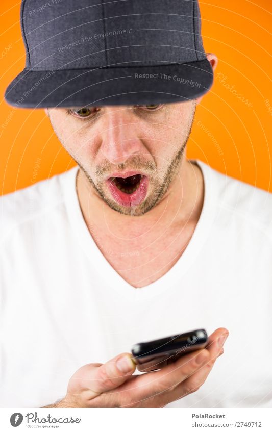 #S# OMG Cellphone Human being Masculine Young man Youth (Young adults) Esthetic Cap PDA Orange T-shirt Amazed Surprise Take by surprise Oh! Mouth