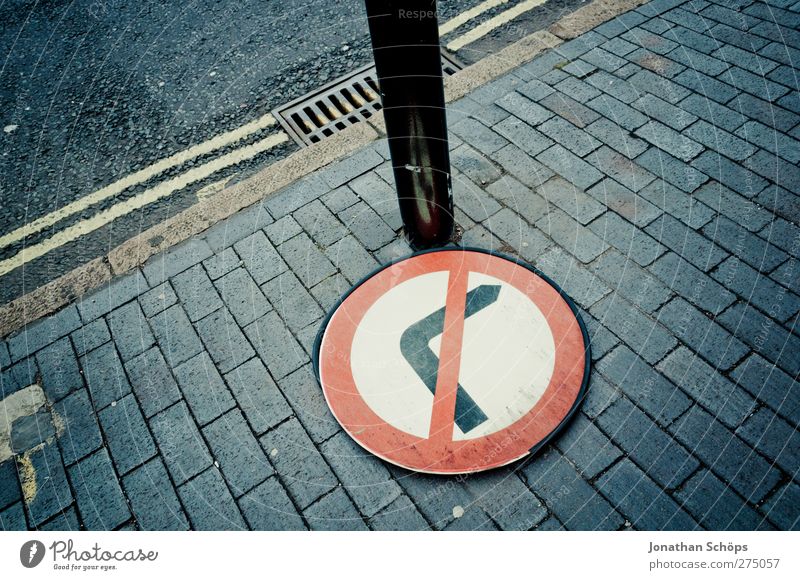 against the right Transport Road traffic Pedestrian Road sign Town Bans Prohibition sign Right Turn off Paving tiles Sidewalk Street England Birmingham Against