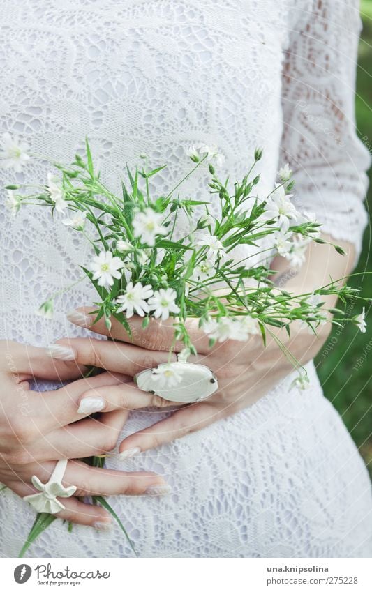 verdoyant et blanc.. Feminine Young woman Youth (Young adults) Woman Adults Hand 1 Human being 18 - 30 years Plant Flower Blossom Foliage plant Lace Jewellery