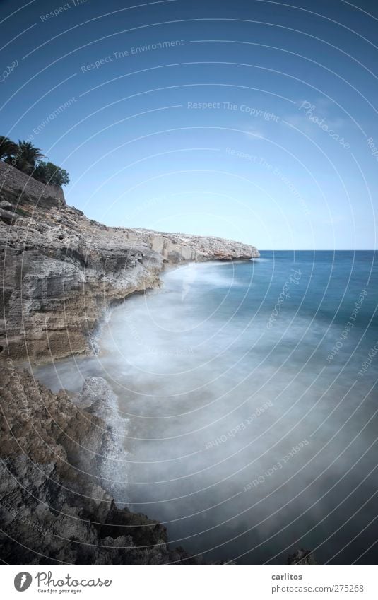 Time at the sea Environment Nature Elements Air Water Sky Horizon Summer Beautiful weather Wind Rock Waves Coast Reef Ocean Mediterranean sea Movement Esthetic