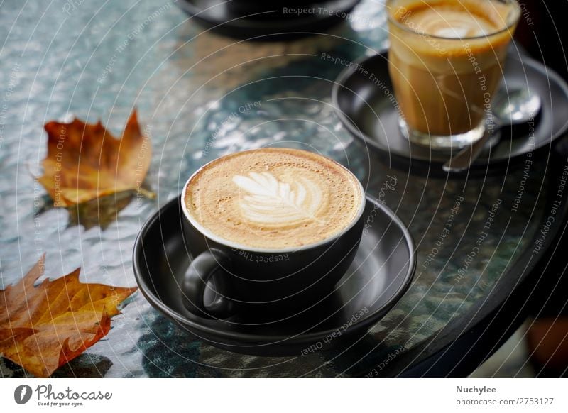 Hot cup of coffee latte and flat white with autumn leaves Dessert Breakfast Beverage Coffee Espresso Table Art Autumn Fresh Brown Black White Aromatic