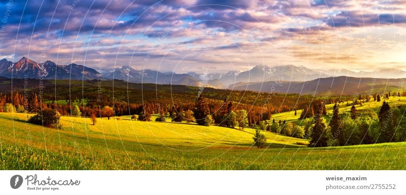 Tatra mountains panorama. Beautiful valley and cloudy sky Vacation & Travel Tourism Summer Mountain Nature Landscape Sky Clouds Sunrise Sunset Spring Climate