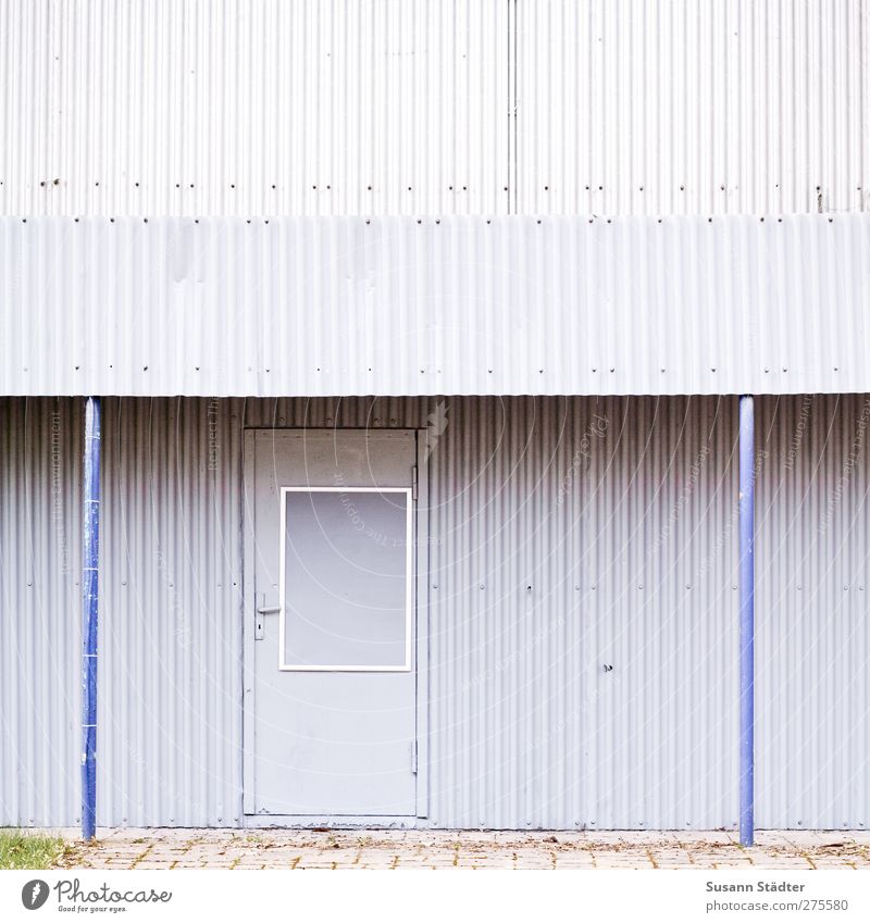 I-I House (Residential Structure) Hut Parking garage Manmade structures Building Architecture Facade Cold Retro Trashy Blue Gray Corrugated sheet iron