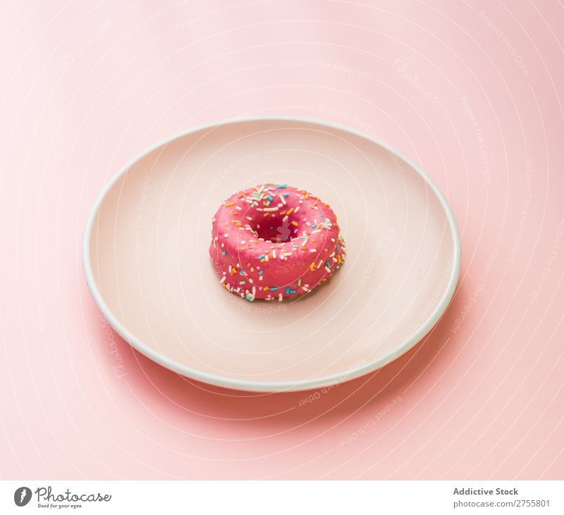 Sweet pink doughnut on plate Plate Donut minimalist Symmetry Studio shot Food Baked goods Art Dessert Bakery Cooking Gastronomy Breakfast Icing Round Culinary