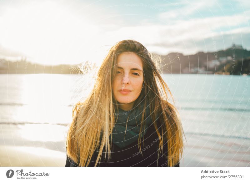 Young dreamy woman at seaside Woman Youth (Young adults) Coast Ocean Stand pretty Attractive Nature Water Vacation & Travel Beach San Sebastián Spain Beautiful