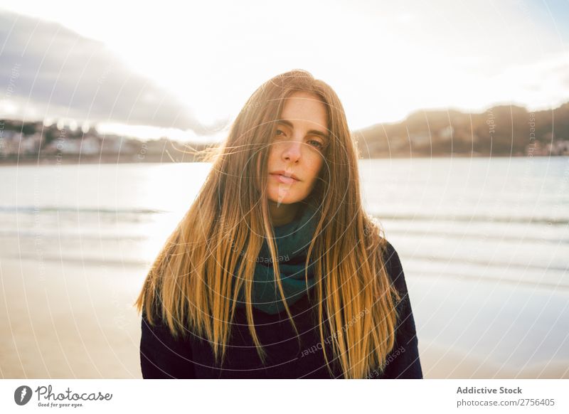 Young dreamy woman at seaside Woman Youth (Young adults) Coast Ocean Stand pretty Attractive Nature Water Vacation & Travel Beach San Sebastián Spain Beautiful