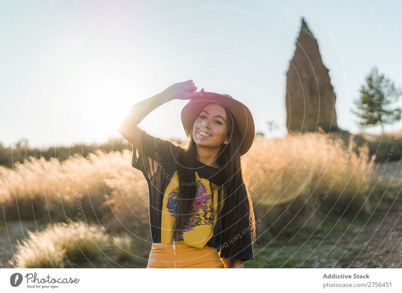 Cheerful young woman in hat in nature Woman pretty Nature Hat Beautiful Portrait photograph Youth (Young adults) Beauty Photography Model Attractive Fashion