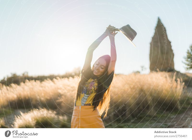 Cheerful young woman in hat in nature Woman pretty Nature Hat Beautiful Portrait photograph Youth (Young adults) Beauty Photography Model Attractive Fashion