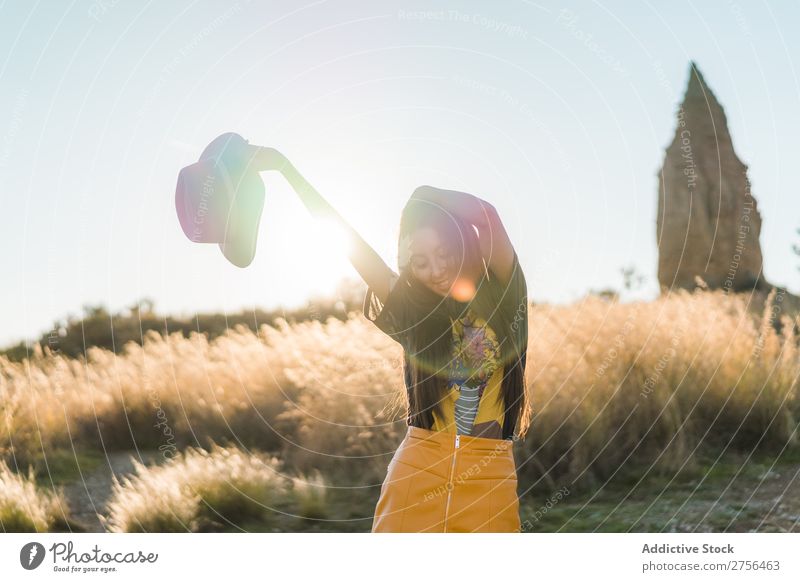 Cheerful young woman in hat in nature Woman pretty Nature Hat Beautiful Portrait photograph Youth (Young adults) Beauty Photography Model Attractive Fashion