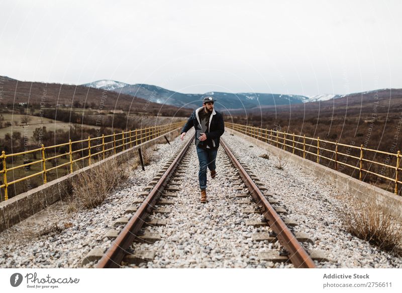 Man running on railroad Railroad Nature Running Speed Rust Old Vacation & Travel Lifestyle Youth (Young adults) Landscape Track Beautiful Human being Transport