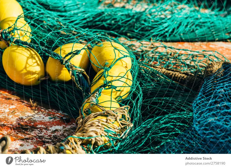Net with yellow floats Ball bobber Buoy Colour Multicoloured Day Detail Equipment Fishery fishnet Float in the water Green Horizontal Industrial Industry marine