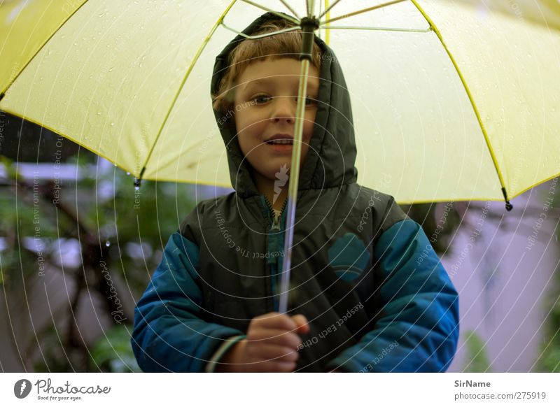 204 [Come on now!] Child Boy (child) Infancy 1 Human being 3 - 8 years Drops of water Beautiful weather Bad weather Rain Jacket Umbrella Brunette Smiling
