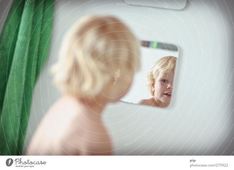 mirror image 2 Human being Masculine Child Toddler Boy (child) Head Hair and hairstyles Face Eyes Back 1 1 - 3 years Bathroom Mirror Mirror image Towel Looking