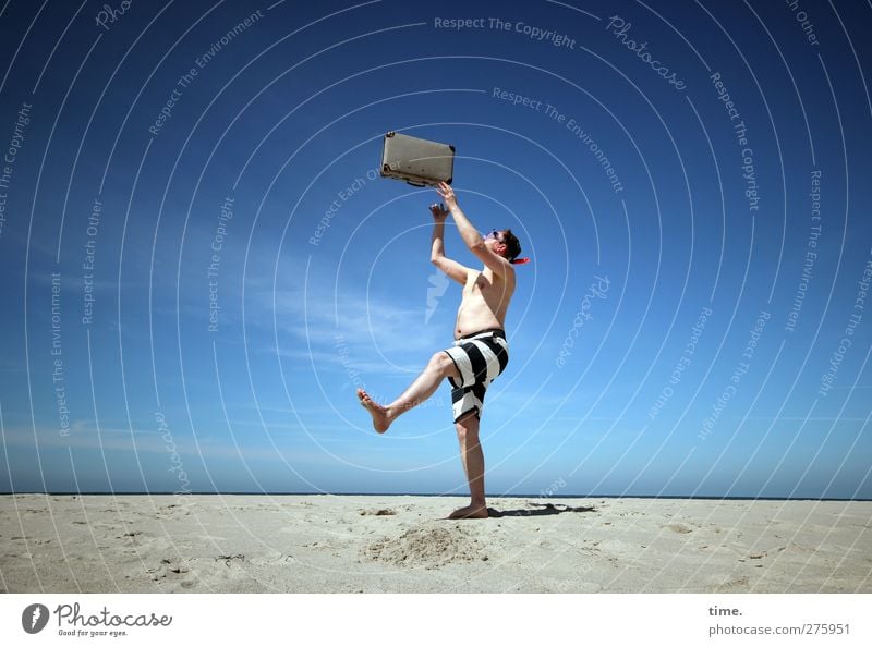 Hiddensee | Magic Suitcase Man Adults 1 Human being Environment Landscape Sand Sky Clouds Horizon Sunlight Coast Beach Baltic Sea Swimming trunks Throw