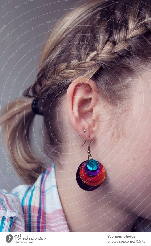 hair Human being Feminine Young woman Youth (Young adults) Head Hair and hairstyles Ear 1 Accessory Jewellery Earring Blonde Braids Violet Red Plaited Bond