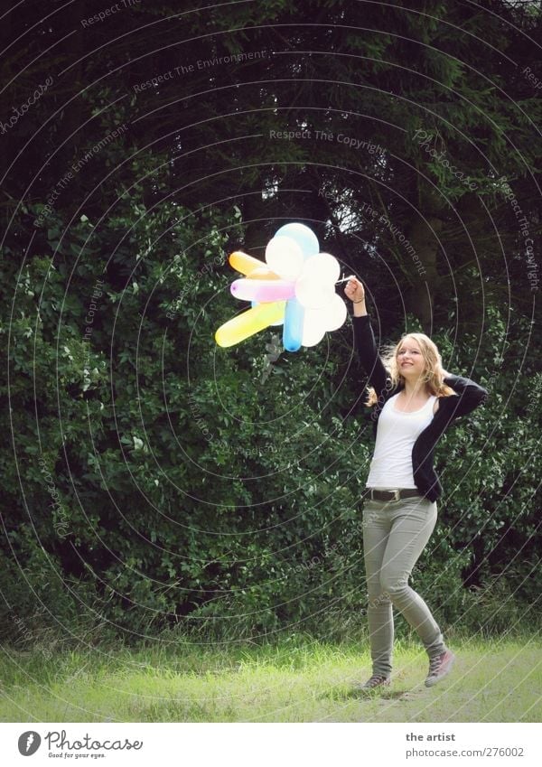 Freedom Human being Feminine Young woman Youth (Young adults) Woman Adults 1 Blonde Long-haired Balloon Walking Jump Authentic Friendliness Happiness Green Joy