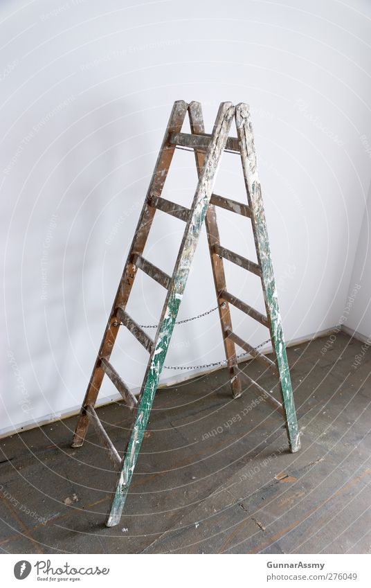 Lonely she stood there Home improvement Redecorate Craft (trade) Ladder Wood Painting (action, work) Old Dirty Colour photo Interior shot Deserted