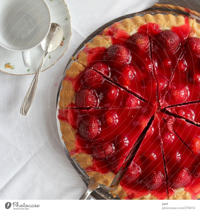You like a piece of strawberry pie? Food Fruit Cake Nutrition To have a coffee Crockery Cup Spoon Delicious Red White Strawberry pie Self-made Colour photo