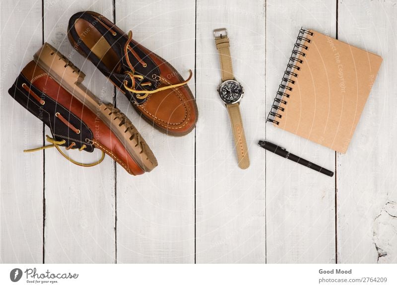 Travel concept - shoes, notepad and watch Vacation & Travel Trip Desk Table Boy (child) Man Adults Fashion Clothing Leather Accessory Footwear Pen Wood Observe
