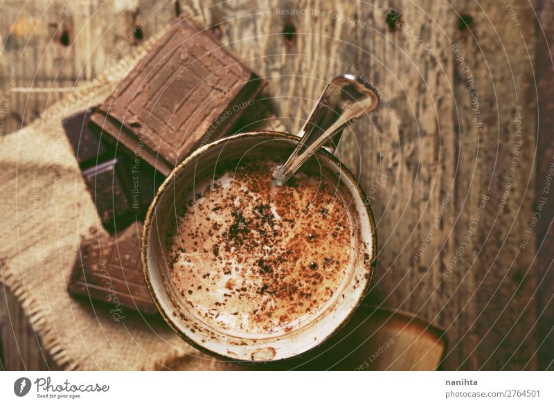 Breakfast with hot chocolate and traditional sweets Candy Chocolate Nutrition Beverage Hot drink Hot Chocolate Coffee Winter Table Autumn Warmth Delicious