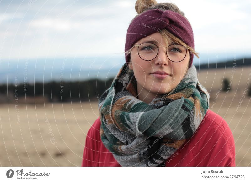 Young woman with glasses wearing headband and scarf in autumn in Hochrhön Feminine Woman Adults 1 Human being 18 - 30 years Youth (Young adults) Nature