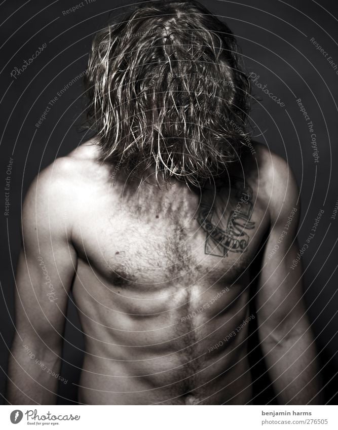 head down Masculine Young man Youth (Young adults) 1 Human being 18 - 30 years Adults Brunette Long-haired Curl Stand Tattoo Hairy chest Stomach muscles