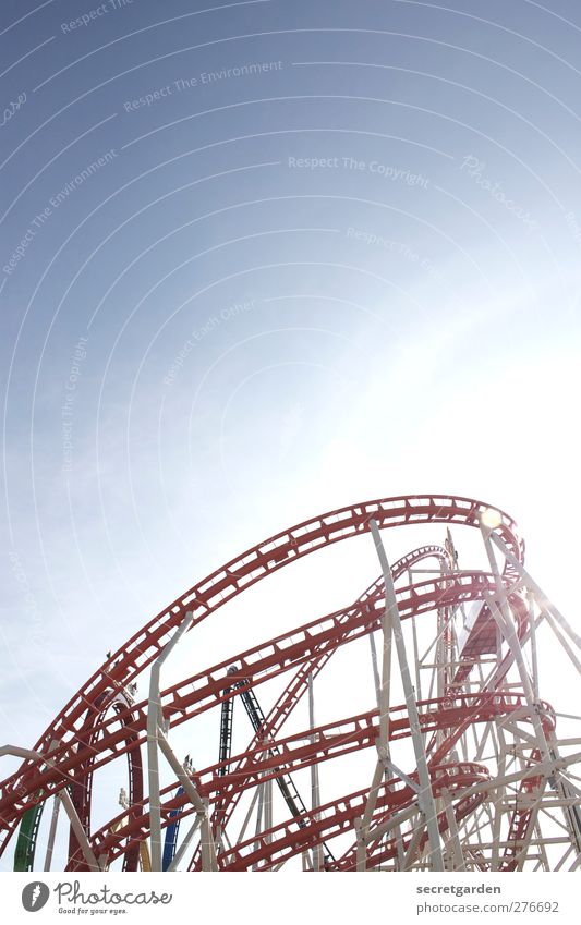 altitude flight! Hamburg Dom Tourist Attraction Bright Blue Red White Fairs & Carnivals Roller coaster Colour photo Subdued colour Deserted Copy Space top