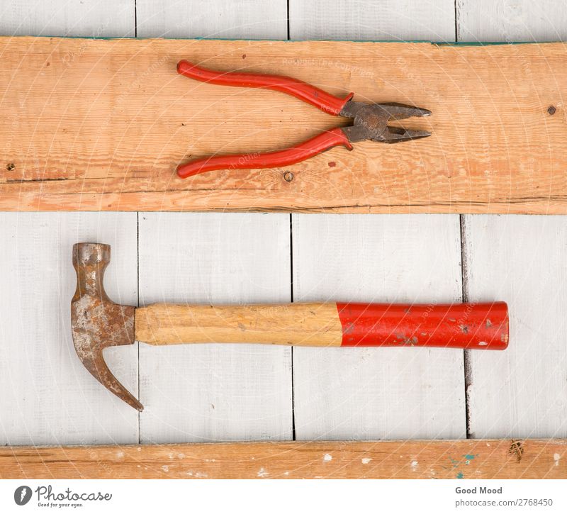 Set of old tools - hammer and pliers Work and employment Industry Tool Hammer Wood Metal Steel Rust Old Build Dirty Retro Red White Ancient background Bench