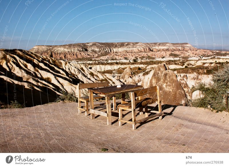 panorama bar Nature Landscape Earth Sand Sky Beautiful weather Mountain Stone Sit Exceptional Large Blue Brown Horizon Table Chair Cappadocia Turkey Erosion